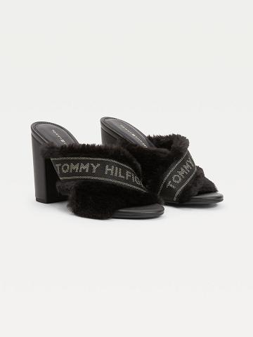 Női Tommy Hilfiger Black Furry Sarkú Heeled Sandal Fekete | HU 604UZG